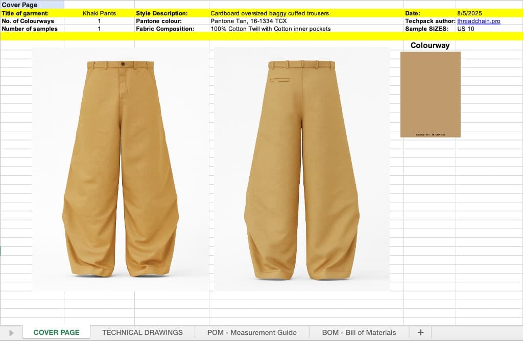 Download full production techpack to Excel